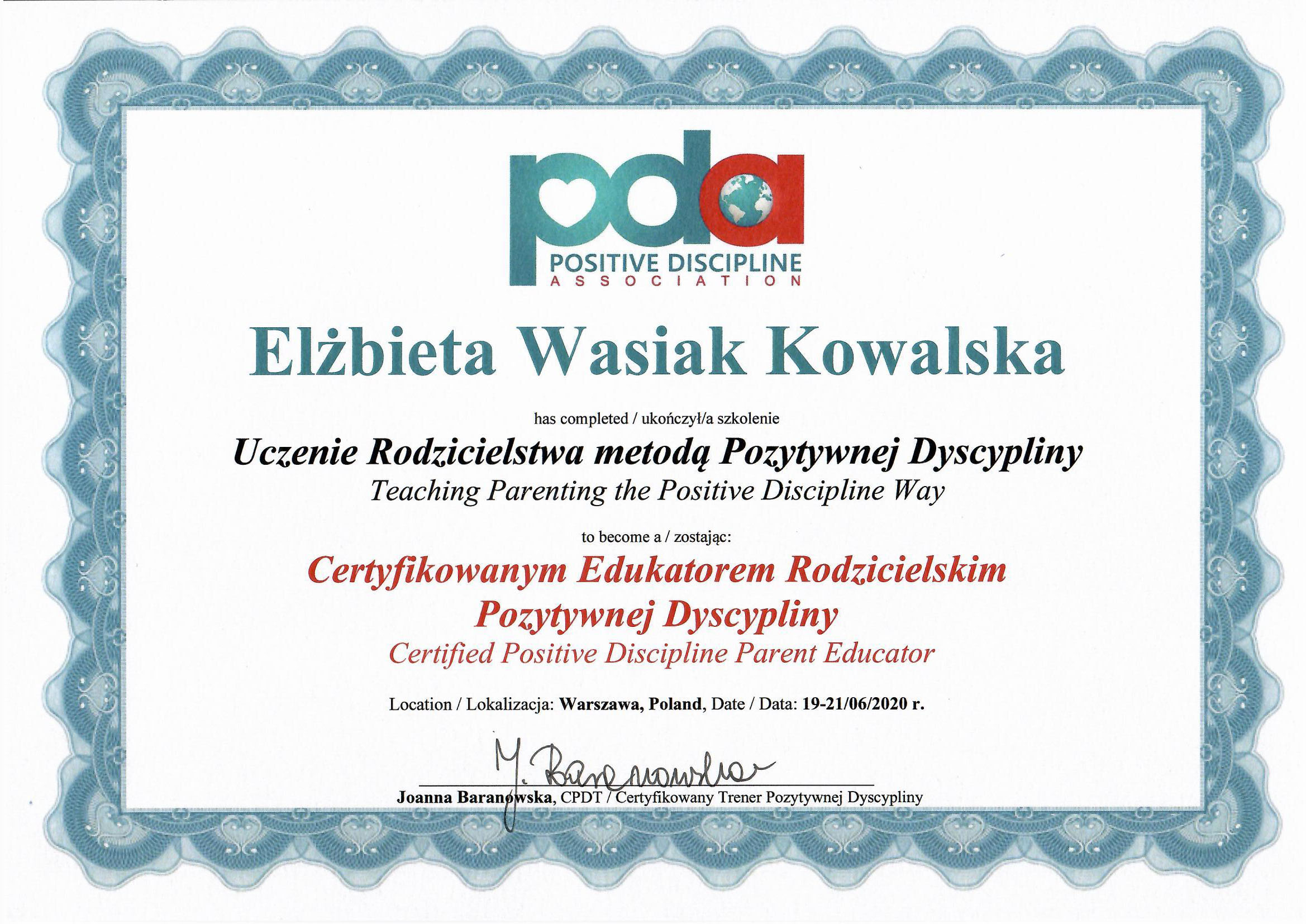 Certyfikat Edukatora Rodzicielskiego Pozytywnej Dyscypliny